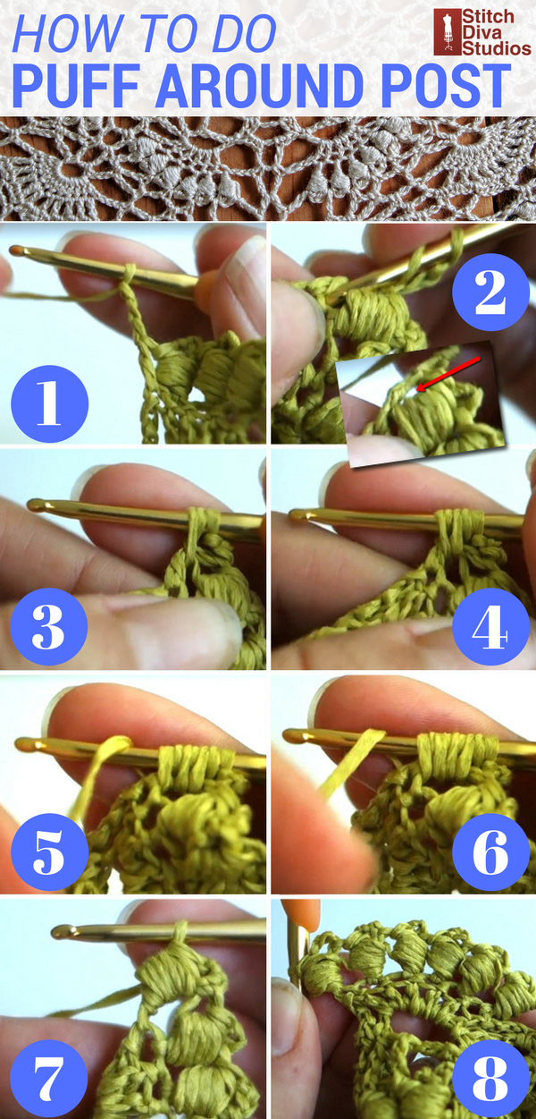 How to crochet a puff stitch around a post